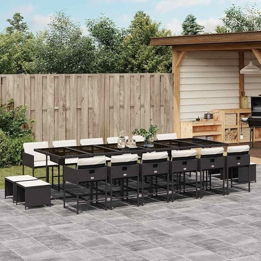 17-Piece Outdoor Dining Set, 16-Seater Poly Rattan Garden Patio Furniture with Cushions, Foldable Chairs and Stools for Backyard Family Gatherings, Black and Cream