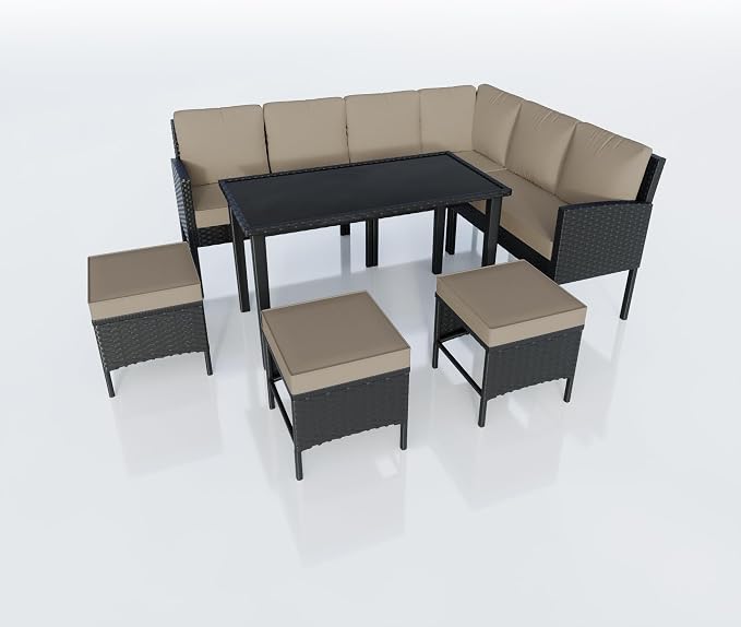 7 Pieces Outdoor Dining Set, Wicker Conversation Patio Furniture with Glass Table, L-Shaped PE Rattan Sectional Sofa Seating with Ottomans for Outside, Backyard, Balcony, Garden, Khaki Cushions