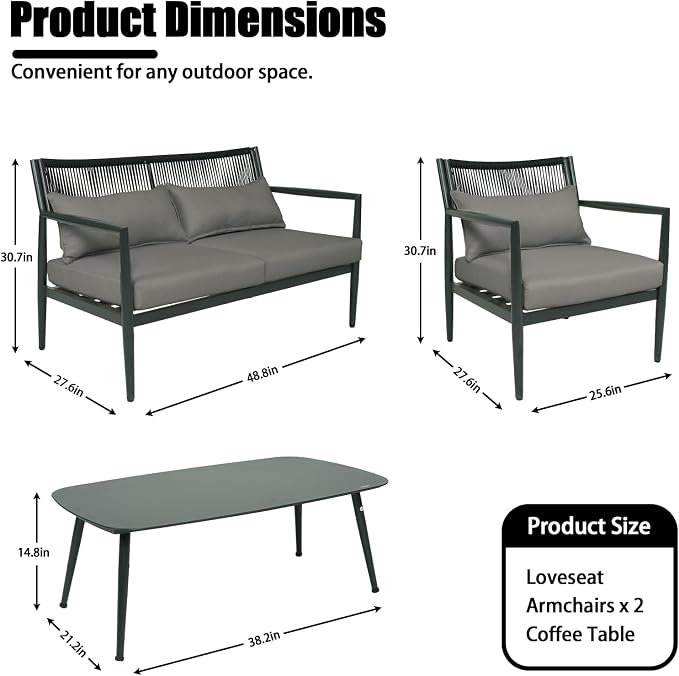 Outdoor Patio Furniture Set, 4 Seats Outdoor Sectional with Coffee Table, Patio Conversation Sets with PE Rope, Outdoor Sectional Sofa with Thick Cushions for Balcony, Porch (Dark Gray)