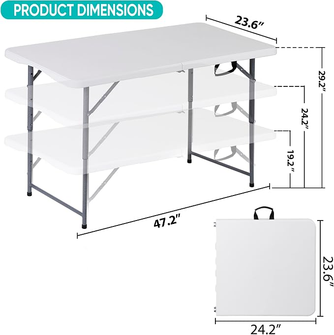 ZenStyle 4 ft Folding Table, 48x24 Inch White Portable Plastic Table, Height Adjustable & Lightweight for Indoor Outdoor Use, Camping, Parties, Events, Dining