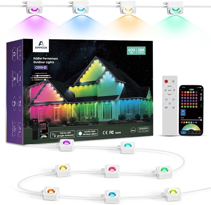 RGBW Permanent Outdoor Lights 400ft, 40LM, with 288 LED Bulbs, White | IP67 Waterproof, 111 Scene Modes, 2700K Warm White, Music Sync, Individual Control, Eave Lights Compatible with Alexa