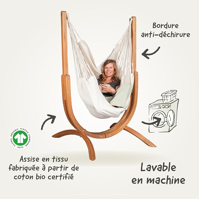 LA SIESTA Udine Indoor Hammock Chair Set with freestanding Wooden Stand, Double-Size, GOTS Organic Cotton Chair with FSC-Certified Eucalyptus Wood Stand - Latte
