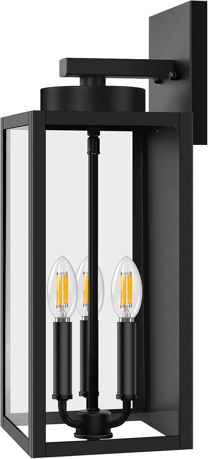 BesLowe 19” Large Outdoor Wall Light, 3-Light Exterior Porch Sconce, Black | Waterproof, Rust-Resistant, Durable Metal with Clear Glass, Standard E12 Socket, Easy to Install