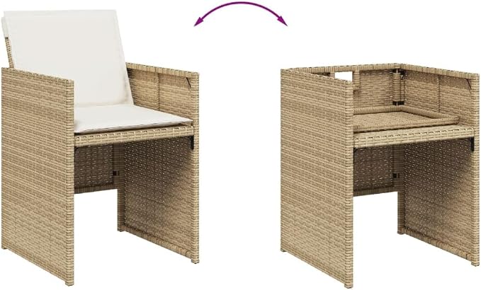 9 Piece Patio Dining Set with Cushions Beige Poly Rattan Outdoor Furniture Table Chairs Stools Foldable Space Saving Tempered Glass Top UV Proof for Garden Backyard Porch