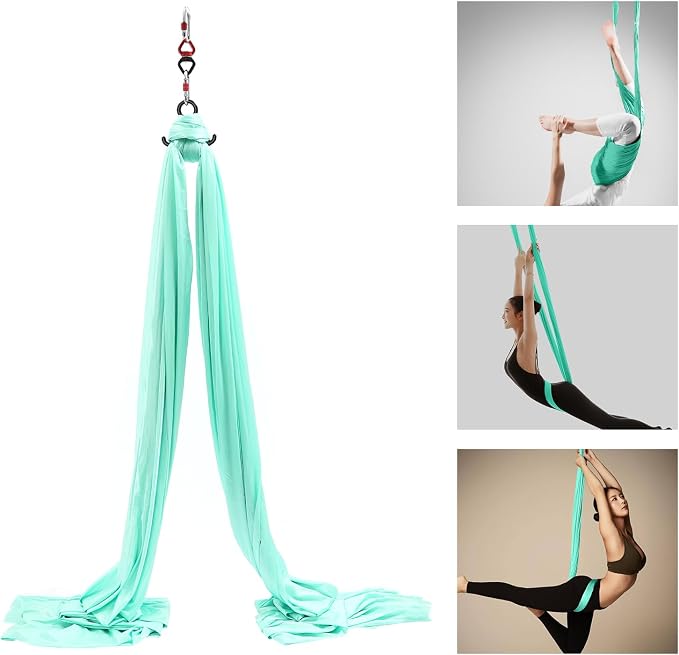 Aerial Yoga Hammock, Green, Polyester, 19.68x8.53 ft, Ceiling-Mounted, 440 lbs Capacity, with Carabiners and Extension Straps, for Yoga, Dance, Acrobatics