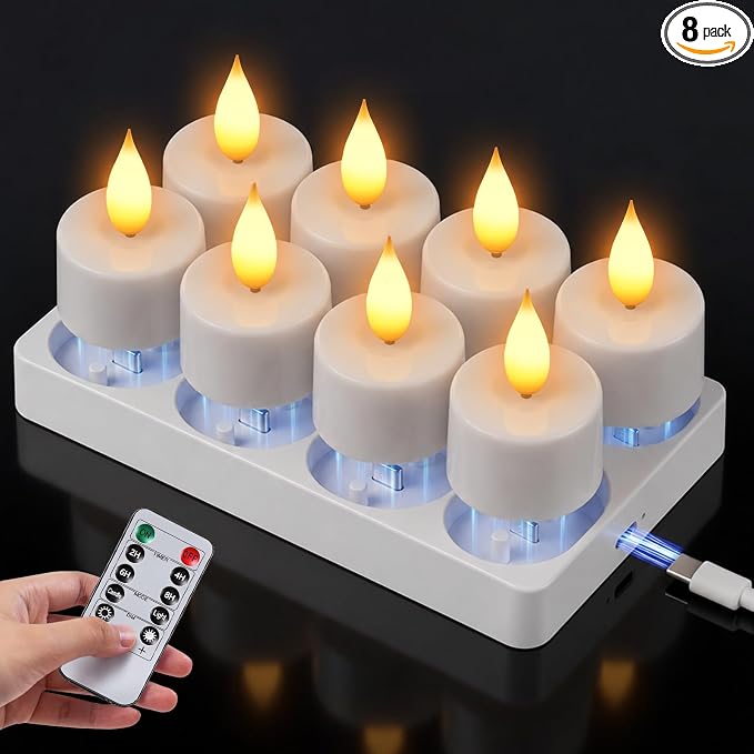 TOWPONICS Rechargeable Tea Lights Candles with Remote, Timer & Charging Base, LED Tea Lights Battery Operated, Flickering Flameless Candles for Home, Wedding, Halloween & Christmas Decor, 8 Pack