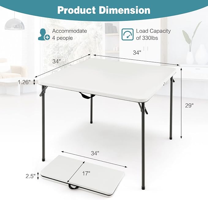 Giantex Portable Folding Table, Foldable Picnic Table with All-Weather HDPE Tabletop, Metal Frame & Carry Straps, Heavy Duty Outdoor Camping Table, Lightweight Card Table for Beach, BBQ, Party (White)