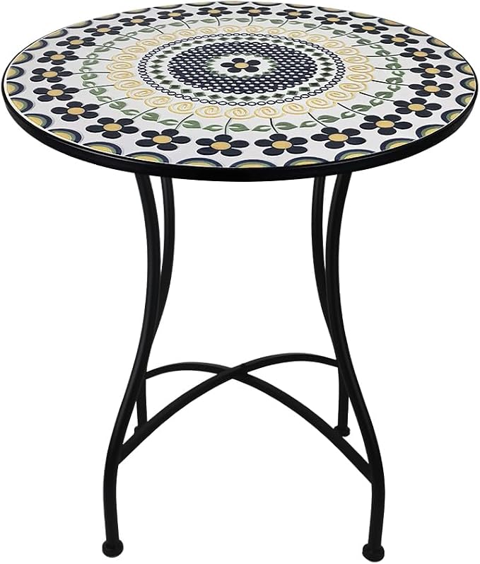 23.6" Outdoor Patio Mosaic Round Table Garden Bistro Accent Table | Ceramic Tile Waterptoof Side End Table Metal Frame Dining Table Furniture for Balcony Backyard Porch Poolside Terrace