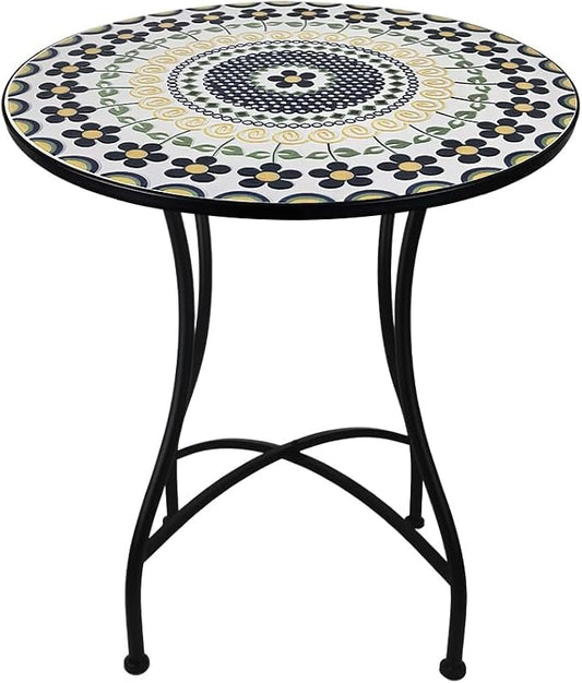 23.6" Outdoor Patio Mosaic Round Table Garden Bistro Accent Table | Ceramic Tile Waterptoof Side End Table Metal Frame Dining Table Furniture for Balcony Backyard Porch Poolside Terrace