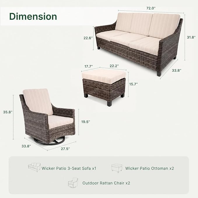 Wicker Patio Conversation Set, Outdoor Patio Furniture Set with Deep Seating, Wide Armrests & Thick Cushions, All-Weather Outdoor Furniture Set for Patio, Porch, Deck & Backyard