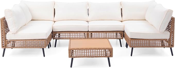 LAUSAINT HOME Outdoor 7 Pieces PE Wicker Patio Conversation Set, All-Weather Rattan Sectional Sofa with Thick Cushions & Coffee Table for Garden, Yard and Balcony (Beige)