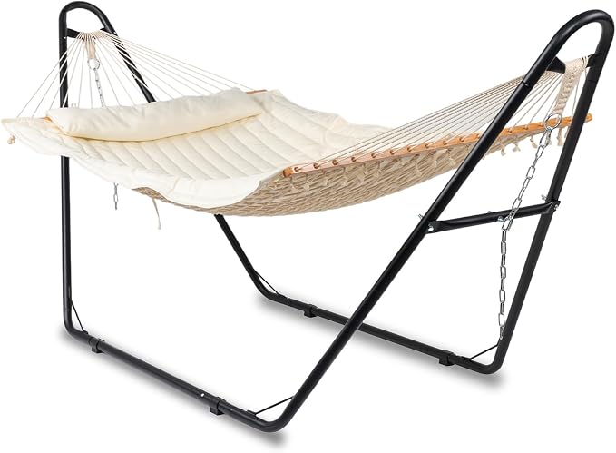 Double Hammock with Stand 450 LBS Capacity Steel Stand, Heavy Duty Outdoor Hammock for Patio, Garden Yard, Backyard, Beach (Beige)