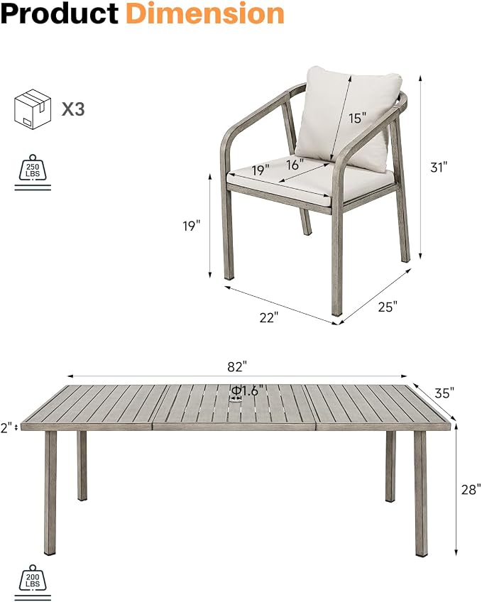 9 Pieces Never-Rust Aluminium Outdoor Dining Set, Patio Dining Table Set for 8, Patio Dining Set with Rectangle Table, Outdoor Dining Chairs with Removable Cushions for Deck, Balcony, Gray Oak