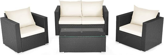 COSTWAY 4-Piece Patio Rattan Furniture Set, Cushioned Sofa Chair, Loveseat and Coffee Table with Tempered Glass Top, Outdoor Conversation Sets for Garden Poolside Balcony Porch (White)