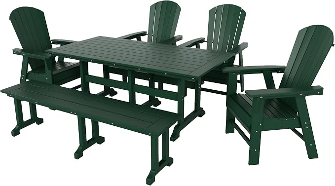 WestinTrends Dylan Adirondack Patio Dining Set for 6, All Weather Poly Lumber Outdoor Table and Chairs Set of 4, 71" Trestle Table and Adirondack Dining Chair with Dining Bench, Dark Green