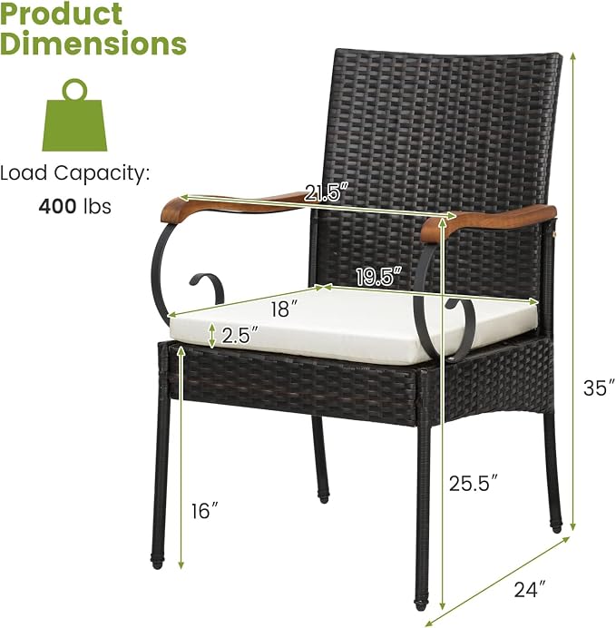 Tangkula 7PCS Patio Rattan Dining Set, Outdoor Wicker Chair & Dining Table Set, Acacia Wood Tabletop & Armrests, 2” Umbrella Hole, Seat Cushions Included, Backyard