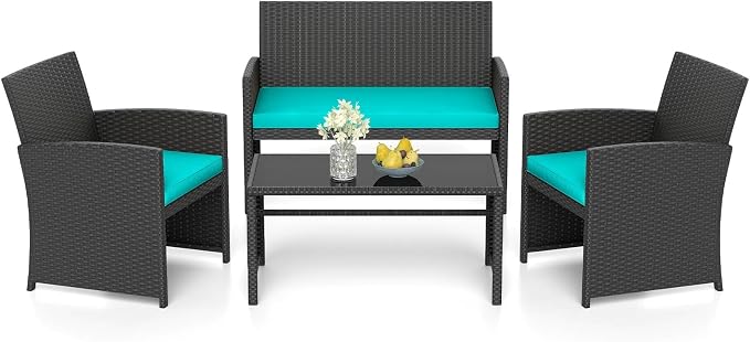 RELAX4LIFE 4-Piece Patio Furniture Set - Wicker Rattan Outdoor Sectional Sofa Set w/Glass Coffee Table, Loveseat, 2 Chairs & Soft Cushions, Bistro Conversation for Garden Porch (1, Black-Turquoise)
