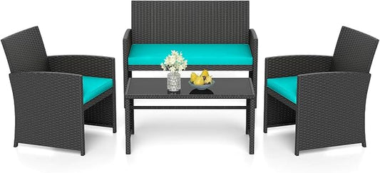RELAX4LIFE 4-Piece Patio Furniture Set - Wicker Rattan Outdoor Sectional Sofa Set w/Glass Coffee Table, Loveseat, 2 Chairs & Soft Cushions, Bistro Conversation for Garden Porch (1, Black-Turquoise)