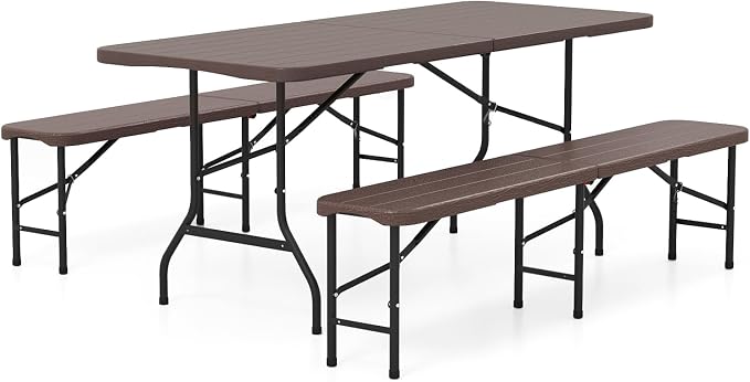 Goplus 6 FT 3-Piece Portable Picnic Table Bench Set, HDPE Wood-Like Plastic Folding Picnic Tables with Benches, Foldable Patio Camping Beer Table, Indoor & Outdoor Folding Table and Chairs