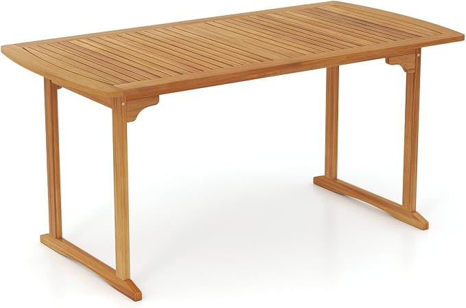 Tangkula 63-Inch Acacia Wood Outdoor Dining Table, 4-6 People Large Patio Table with Umbrella Hole & Slatted Tabletop, Rectangular Outside Table for Backyard, Garden, Porch, Deck