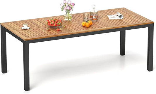 RELAX4LIFE Patio Outdoor Dining Table for 8, 79’’ x 35.5’’ Acacia Wood Rectangular Table w/Slatted Top, Umbrella Hole & Metal Legs, Indoor Outdoor Picnic Bistro Table, 8-Person Patio Dining Table
