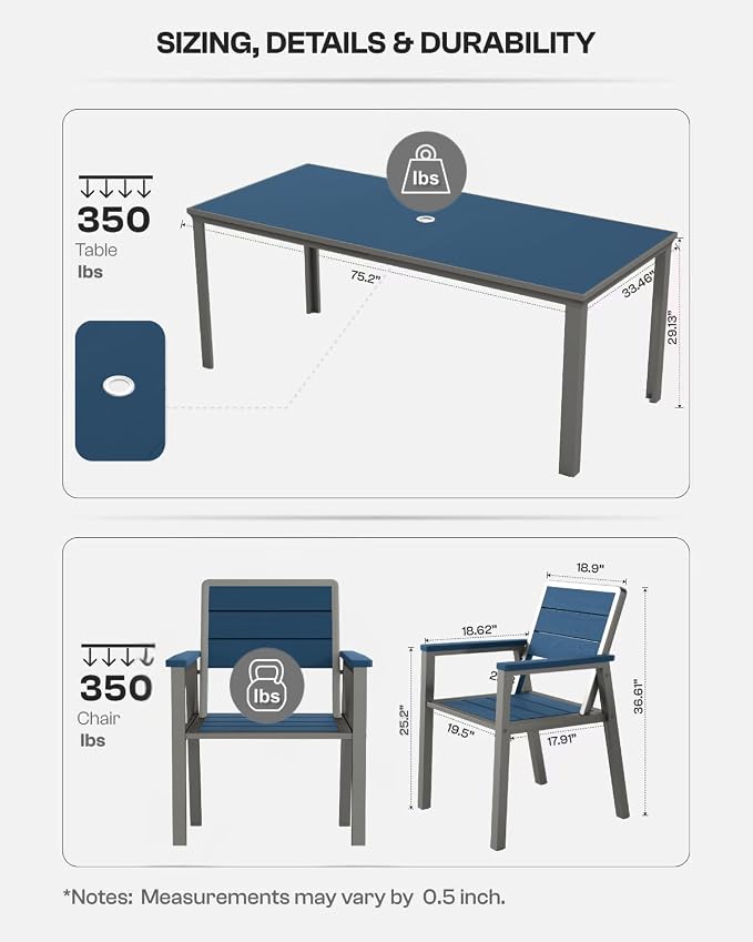7-Piece Outdoor Dining Set with 15FT Umbrella,Navy | HDPE table, chairs included, aluminum frame, 2" hole design, weather-resistant furniture, perfect for backyard, deck, garden
