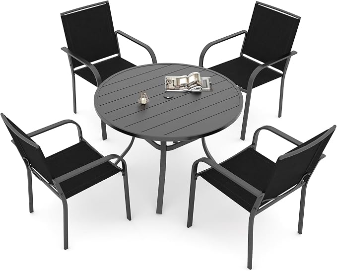 Outdoor Dining Set 5 with 41" Metal Round Table and Black Stacking Chairs | 4 Piece Stackable Chairs Textilene Seat and Back, Table and Chair with Metal Frame, Round Slat Table Top, 1.9" Umbrella Hole
