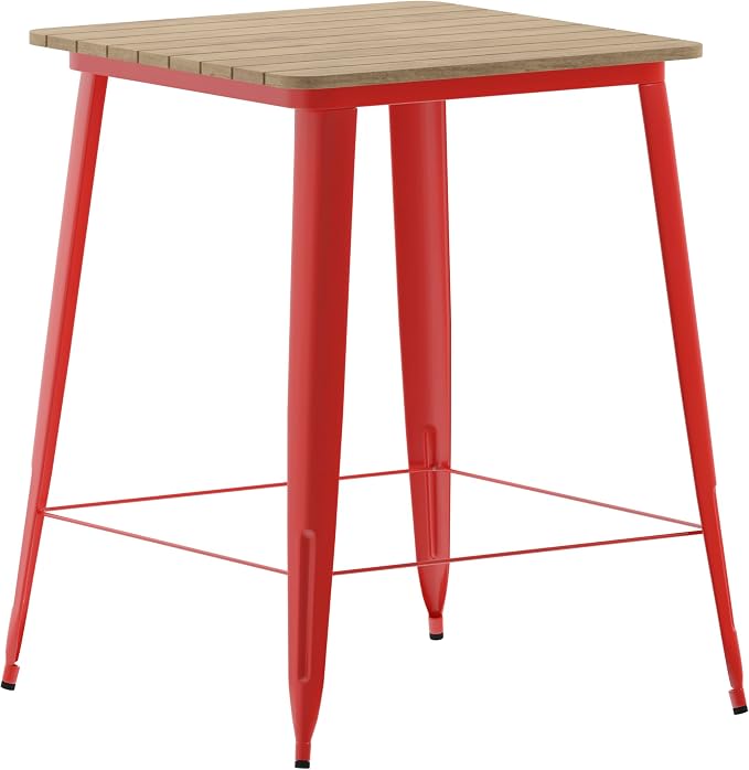 BizChair Commercial Outdoor Dining Table Bar Height, All Weather Poly Resin Top with Steel Base, 31.5" Square, Brown/Red