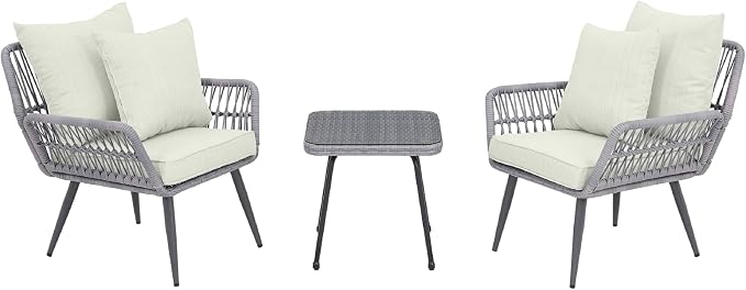 Manhattan Comfort Cannes 3-Piece Patio Conversation Set, Outdoor Furniture | Includes Modern Cushioned Rope Wicker Chairs & End Table, Removable & Washable Cushions, Tempered Glass Tabletop, Cream