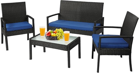 4 Piece Outdoor Patio Furniture Set, Rattan Patio Conversation Set | Thick Polyester Cushions, Tempered Coffee Table, Steel Frame Easy Assembly, Suit for Backyard Porch Poolside Balcony, Blue