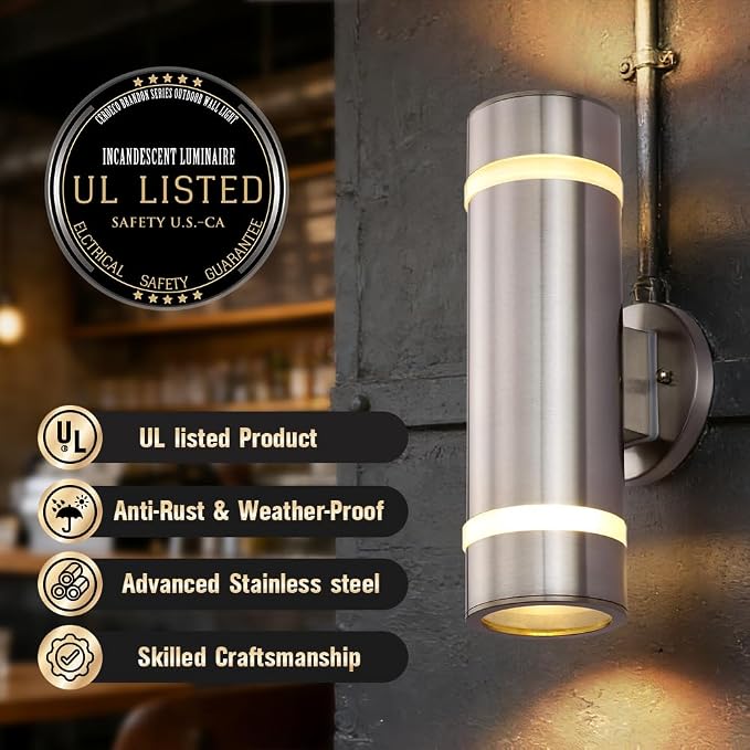 13" Stainless Steel Modern Outdoor Wall Sconce Cylinder Porch Light | E26 Base,UL listed,Brushed Nickel Up and Down Lights Outdoor Exterior Lighting Fixture for House Garage Patio Porch Garden