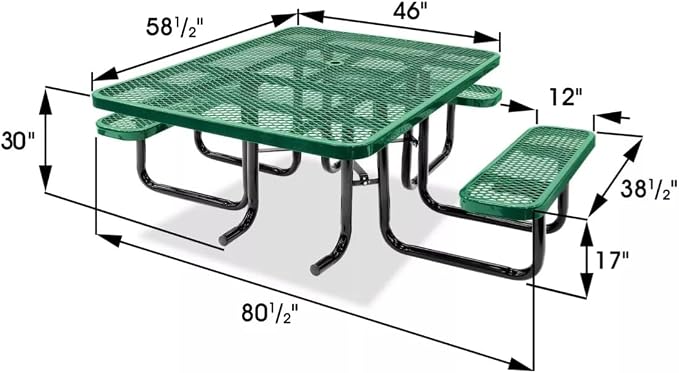 Heavy Duty ADA Outdoor Picnic Table, Expanded Metal, Wheelchair Accessible (Green, 46 Square)