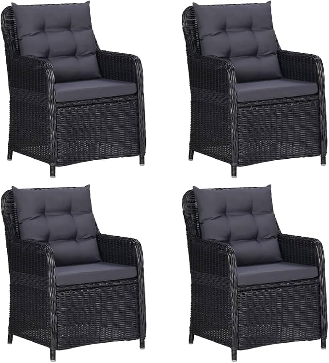 5 Piece Patio Dining Set Black with Cushions Outdoor Rattan Table and 4 Chairs for Garden Backyard Porch Steel Frame Glass Top Weather Resistant