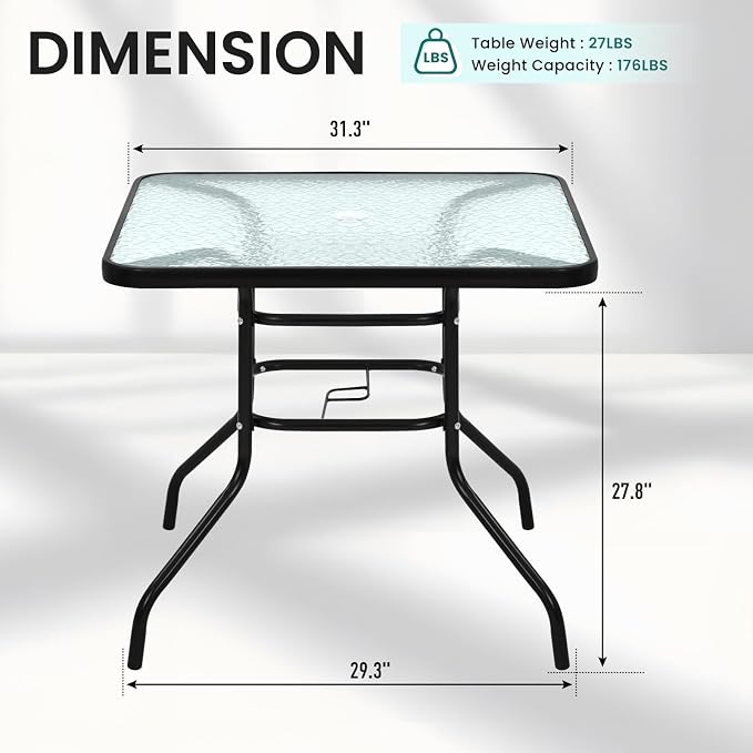 32'' Patio Bistro Table Square Outdoor Coffee Table, Square Tempered Glass Top with Umbrella Hole, Outdoor Dining Table for Balcony Backyard Lawn and Garden, Black