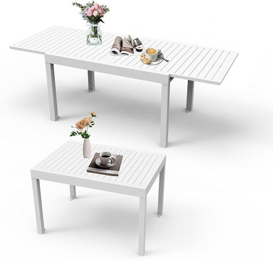 Aluminum Patio Extendable Dining Table 35" 71", Adjustable Indoor Outdoor Patio Dining Table with E Coating for 4 6 Person GLawn Porch Furniture, Elegant Ivory White