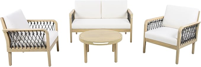 VilroCaz 4-Piece Acacia Wood Outdoor Patio Furniture Set with Loveseat, 2 Club Chair& Coffee Table, All-Weather Conversation Sofa Set with Rope Woven Armrests, Removable Cushions (Light Teak-N5)