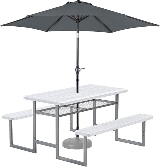 VINGLI 4.5ft Outdoor Picnic Table with Storage Shelf & 7.5 ft Umbrella, Wood Grain HDPE Top with Metal Frame Plastic Picnic Table for Dining Party Garden (White Table)