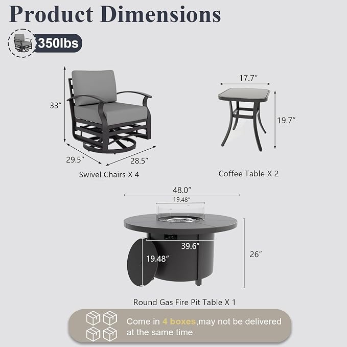 ALAULM Aluminum Patio Furniture Set with Coffee Table Rectangular, 5-seat Outdoor Sectional Furniture w/2 Swivel Chairs, Patio Conversation Set for Porch, Backyard, Poolside-Grey