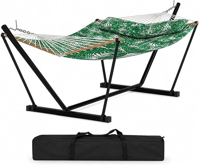 2 Person Heavy Duty Outdoor Hammock with Stand, Portable Double Hammock with Hardwood Spreader Bar, Pillow & Balance Ropes, 450LB Max Capacity with Carry Bag for Patio Backyard Garden Beach