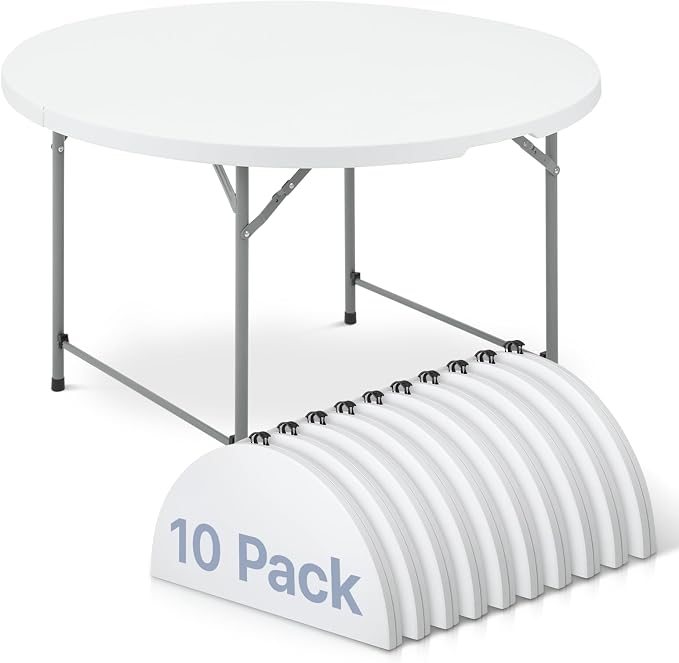 Magshion 48" Round Folding Table 4 Feet Plastic Bi-Folding Commercial Dining Event Table for Indoor Outdoor Camping Picnic Party, White, 10 Pack