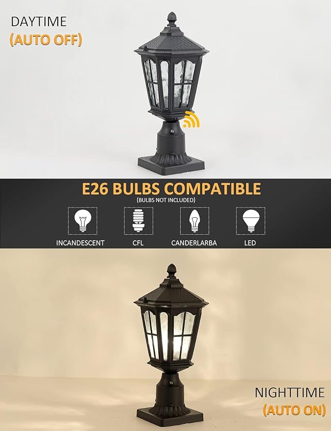 2 Pack Dusk to Dawn Post Light Outdoor, 17''H Outdoor Lamp Post Light with Pier Mount Adapter,Waterproof IP65 Classic Die Cast Aluminum with Water Ripple Glass, Matte Black