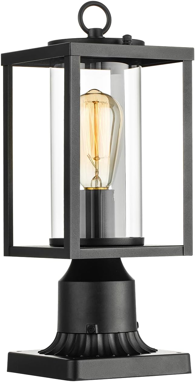 mirrea 14" Outdoor Post Light, Rectangular Pole Lamp for Outside, Lamp Post Light Fixture, Hardwired Outdoor Lighting for Yard, Deck, Cylinder Glass Shade, Matte Black, Pack of 1