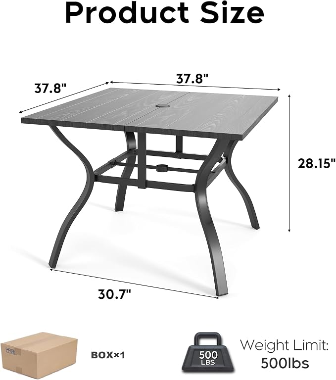 Square Patio Dining Table, 37.8 Inch, Black