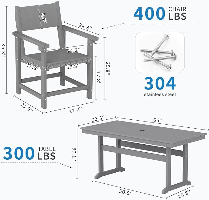 HDPE Outdoor Patio Dining Chairs,Dining Chairs Set of 2 with Arms, Waterproof, Rot Resistant, for Outside, Lawns, Porch, Patio, Deck, Garden Gray