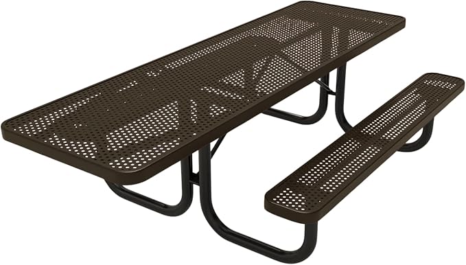 COATEDOUTDOORFURNITURE Heavy-Duty Portable ADA-Compliant Outdoor Picnic Table, Punched Steel Patio Dining Furniture Made in America (8ft Rectangular, One-Side Handicap, Textured Brown)