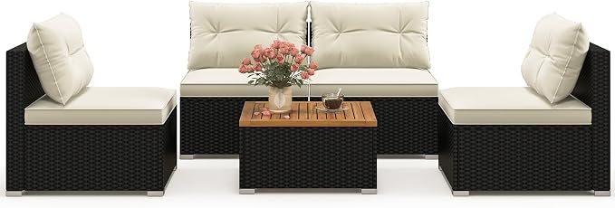 Tangkula 5 Pieces Wicker Patio Furniture Set, Outdoor 4 Armless Rattan Sofa & Coffee Table Set, with Cushions, Acacia Wood Tabletop, Sectional Patio Conversation Set for Lawn, Yard, Poolside