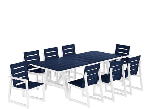 WestinTrends Cape May 9-Piece HDPE Outdoor Furniture Patio Dining Table with Umbrella Hole and Chairs Set for 8, Navy Blue
