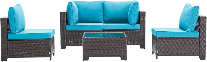 CANMOV 5 Pieces Patio Furniture Sets, All Weather Outdoor Patio Conversation Set, Wicker Rattan Sectional Sofa Couch Glass Coffee Table and Washable Cushions for Backyard Garden, Porch, Peacock Blue