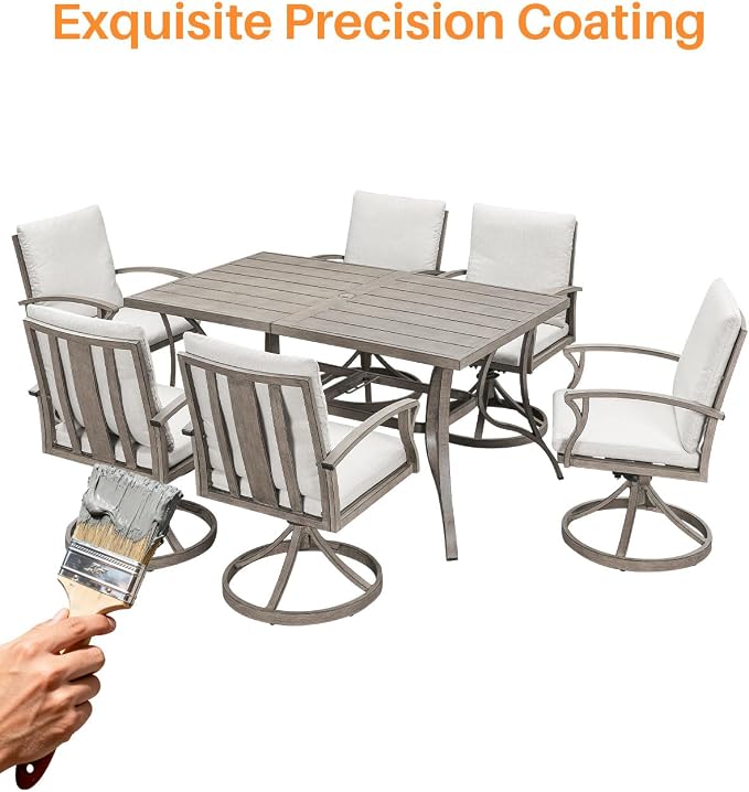 7-Piece Patio Swivel Dining Set for 6, Never Rusts Aluminum Outdoor Dining Set, Patio Dining Furniture with Cushions, Outdoor Table and 6 Swivel Chairs for Deck Garden Yard, Limed Oak