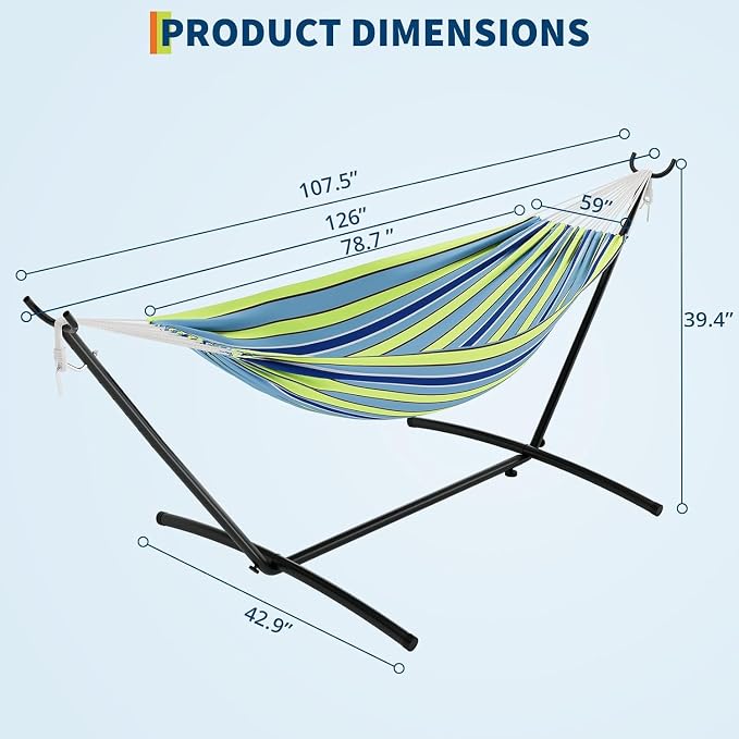 Double Hammock with Steel Stand, Outdoor Portable Hammocks Accommodates with 450Lb Capacity 2 People& Portable Carry Bag for Outside Camping Garden Yard,Rainbow